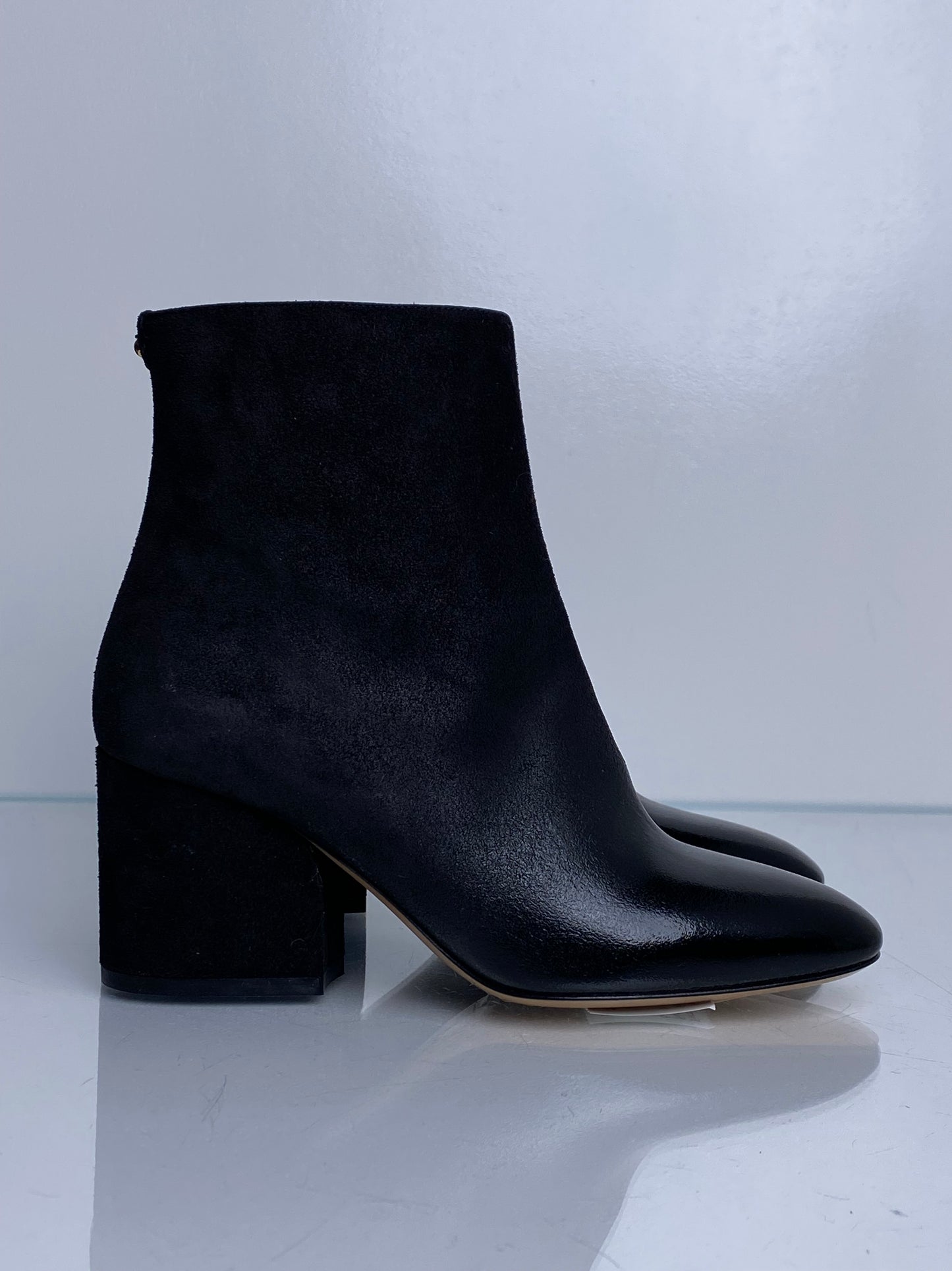 Ferragamo Black Suede To Patent Booties, 6