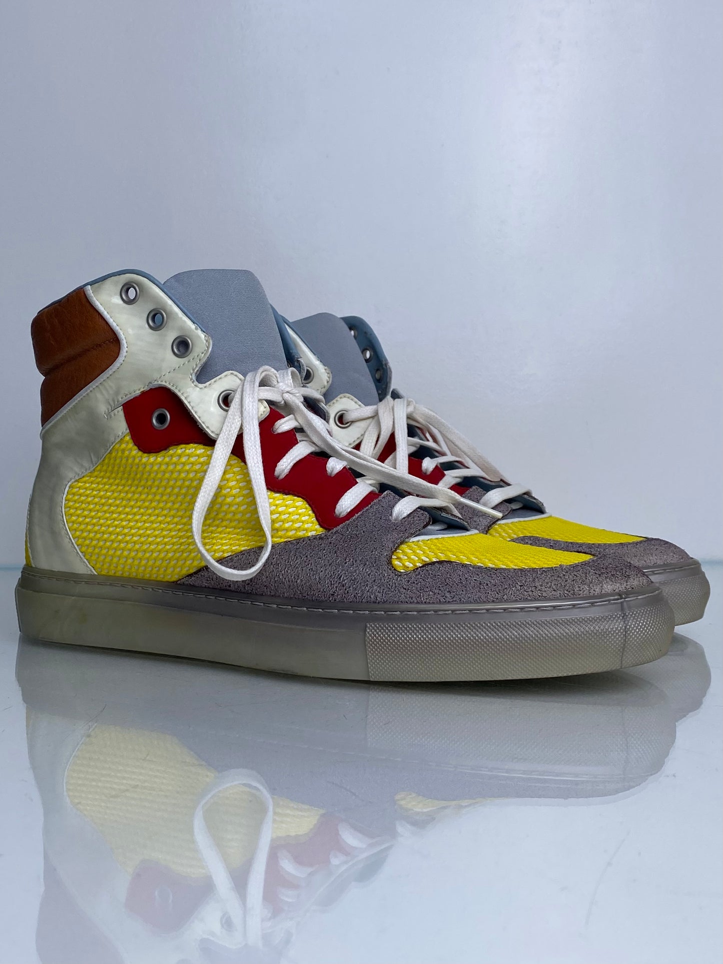 Balenciaga Men’s Yellow, Red, Brown, & White Color Block High Top Sneakers, 43