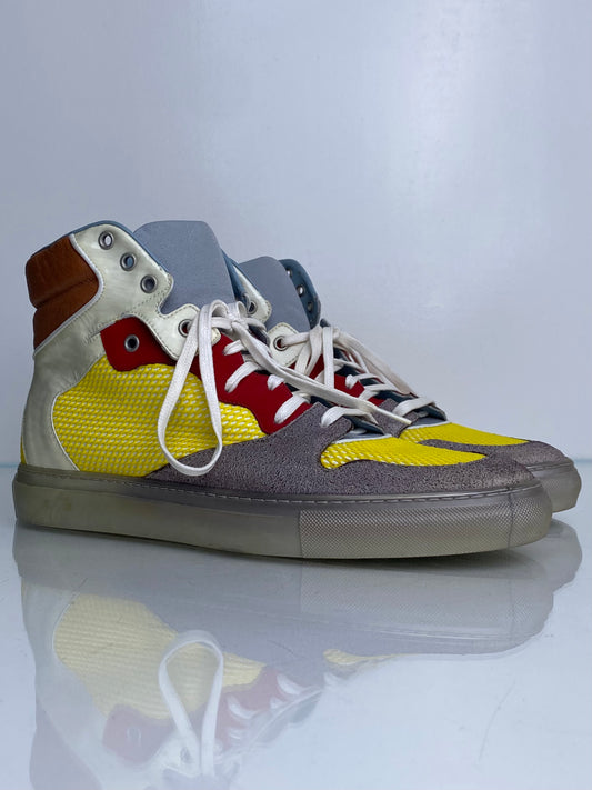 Balenciaga Men’s Yellow, Red, Brown, & White Color Block High Top Sneakers, 43