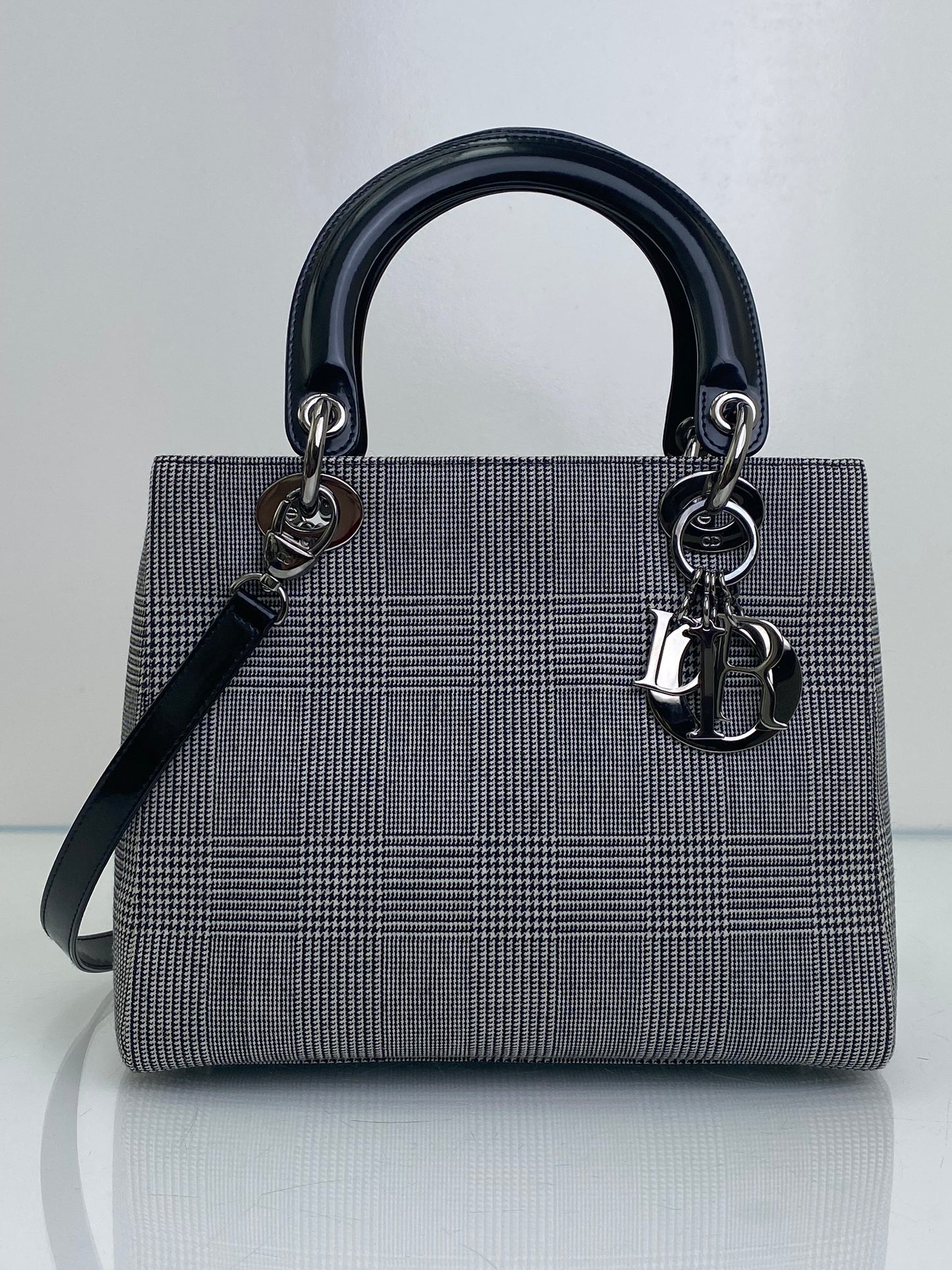 Christian Dior Grey Houndstooth & Black Patent Lady Dior Bag SHW