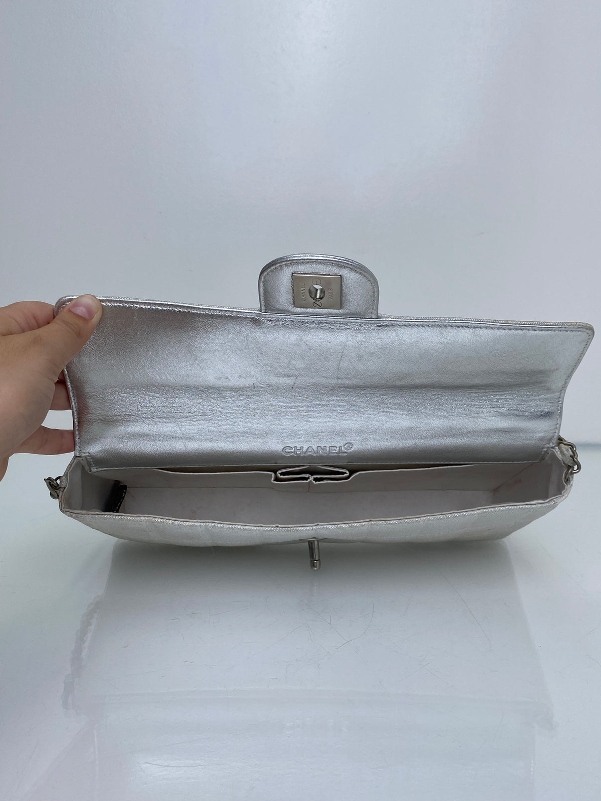 Chanel Silver Metallic Travel Line Chocolate Bar East West Flap Bag / Clutch SHW #63