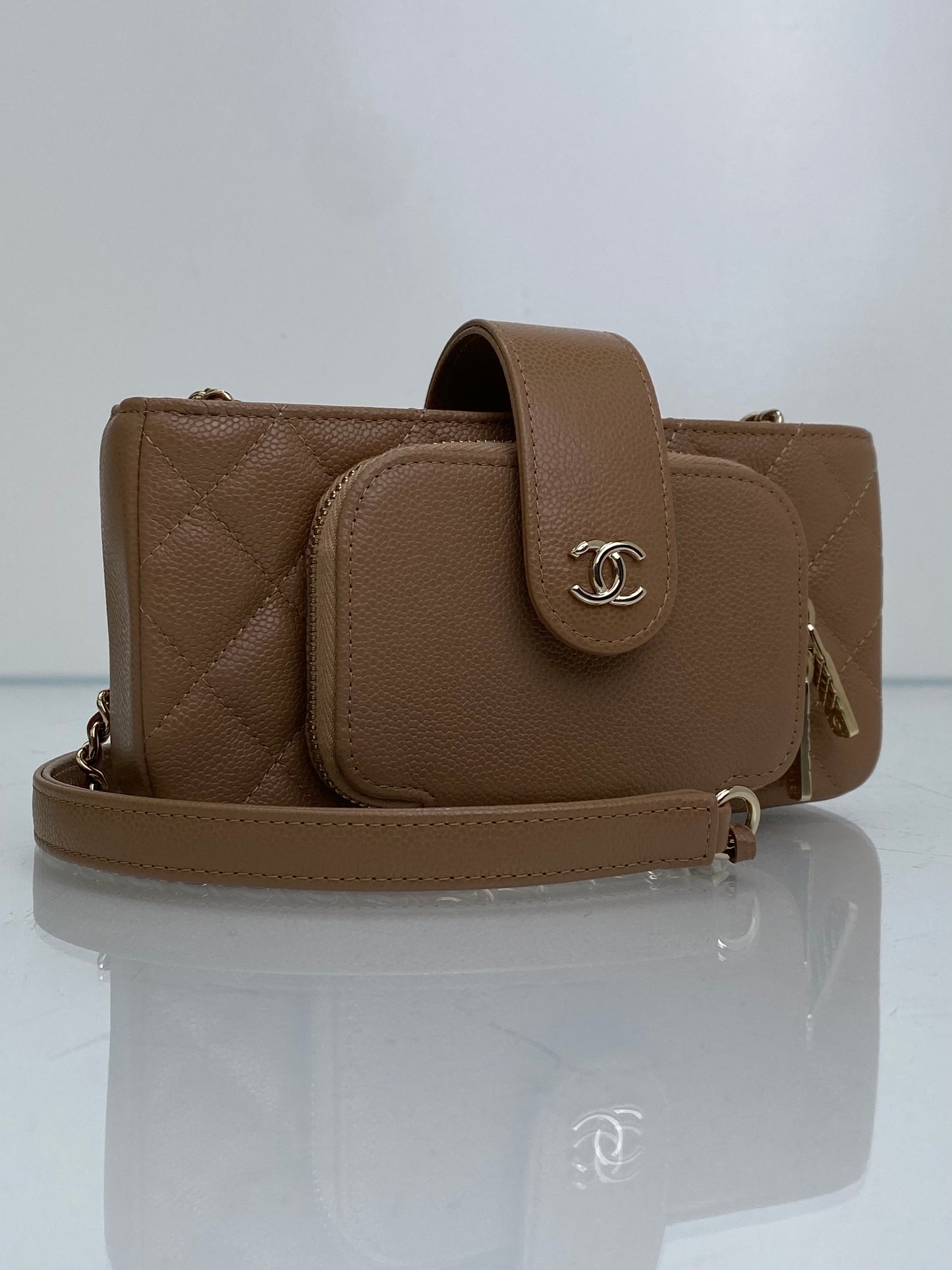 Chanel Quilted Beige O-Phone Holder Caviar LGHW