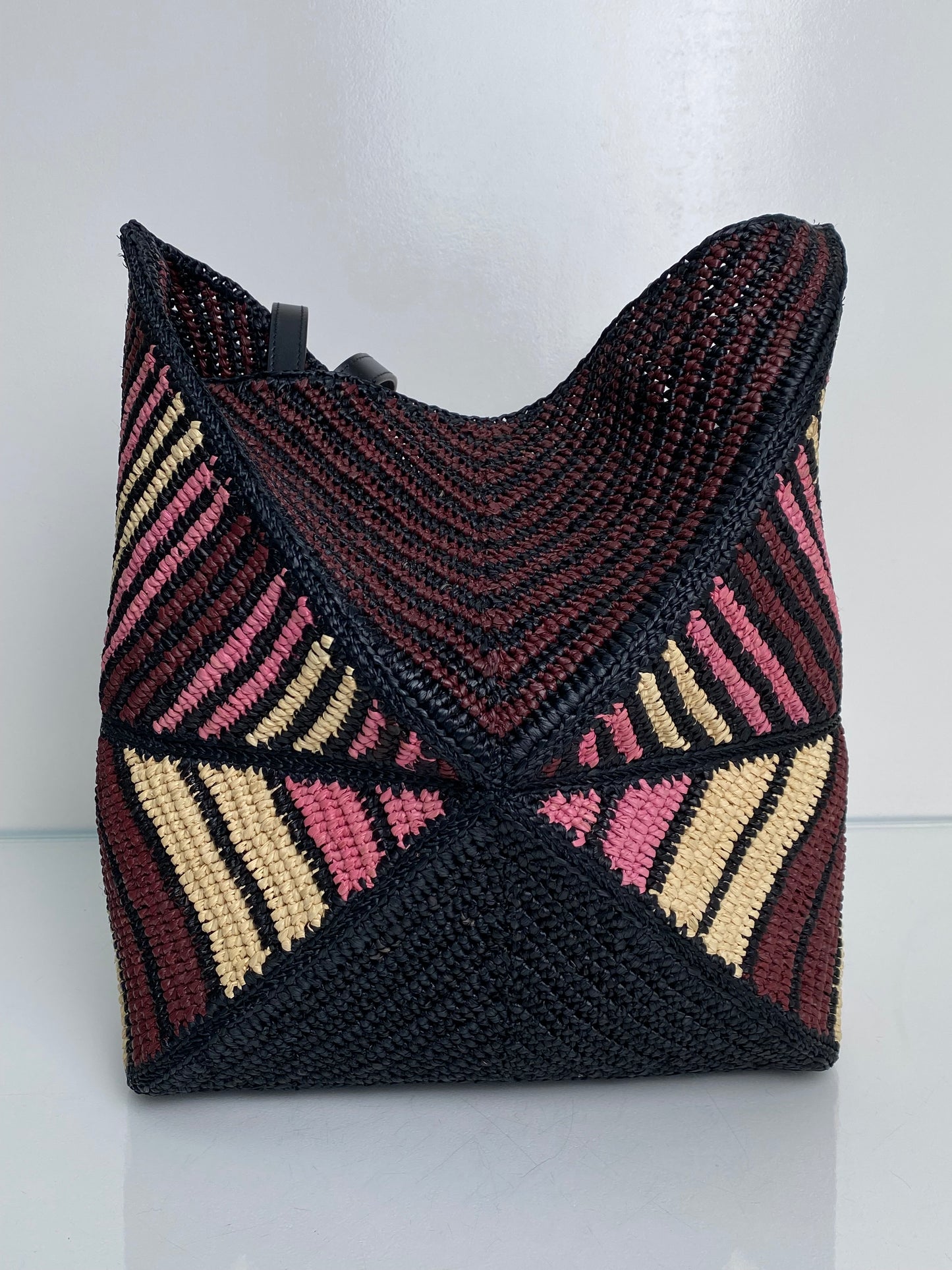 Loewe Pink, Black, & Tan Raffia Puzzle Fold Medium Tote Bag