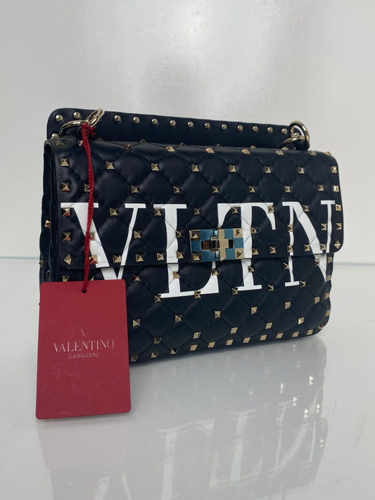 Valentino Black & White "VLTN" Rockstud Top Handle Crossbody Bag GHW