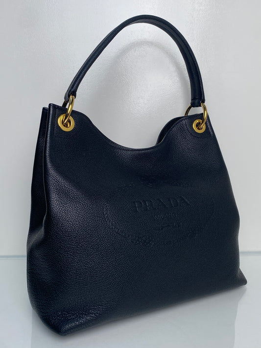 Prada Vitello Phenix Black Leather Hobo GHW