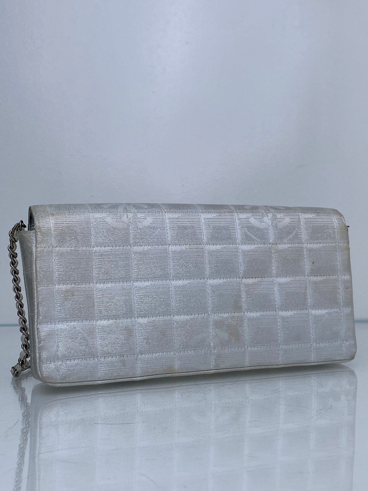 Chanel Silver Metallic Travel Line Chocolate Bar East West Flap Bag / Clutch SHW #63