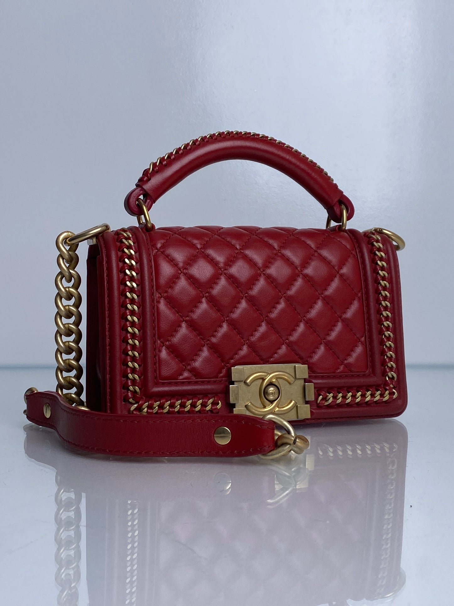 Chanel Red Small Boy Bag With Top Handle Lambskin GHW