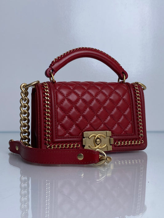 Chanel Red Small Boy Bag With Top Handle Lambskin GHW