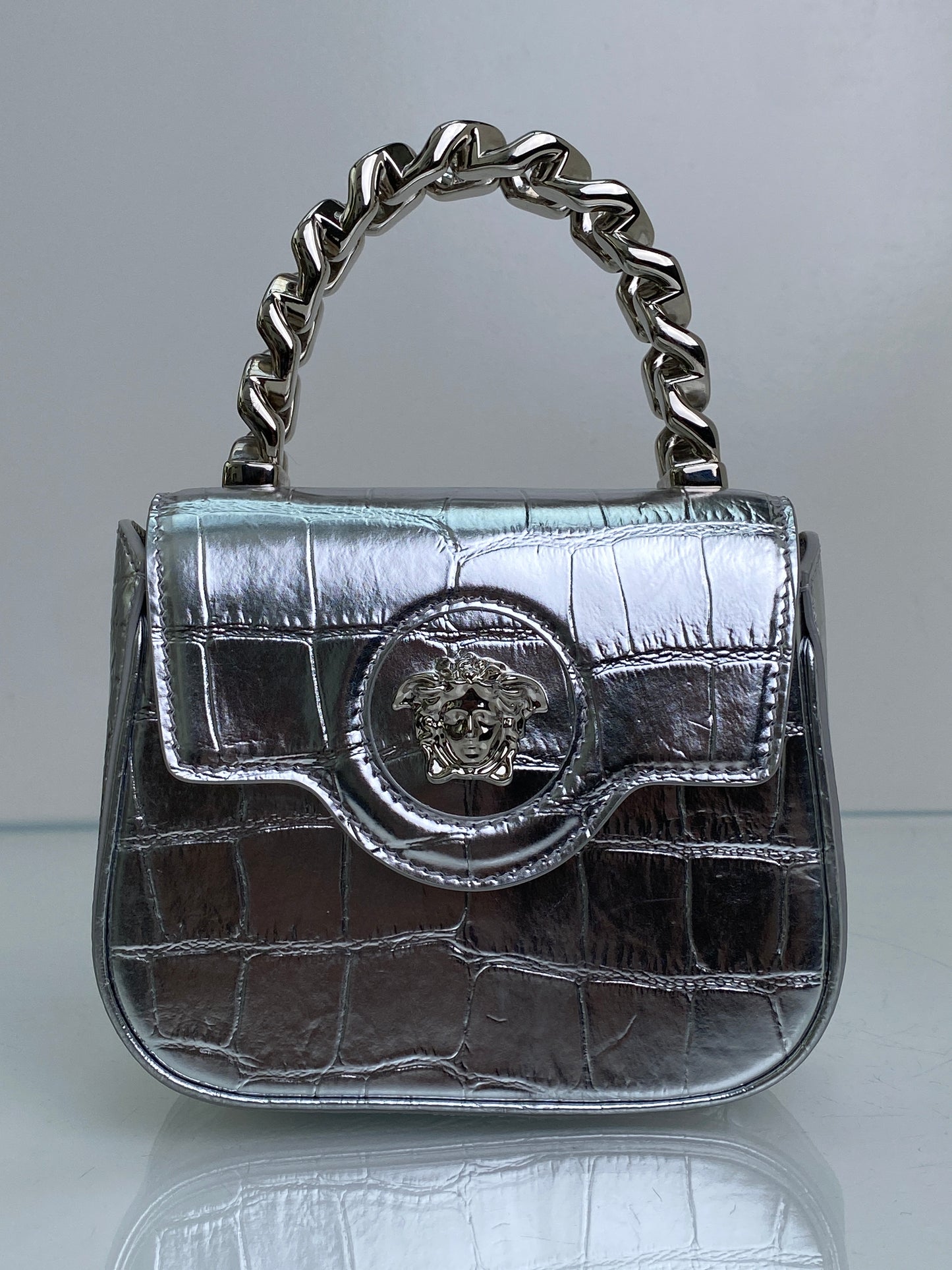 Versace Silver La Medusa Embossed Mini Top Handle Bag SHW