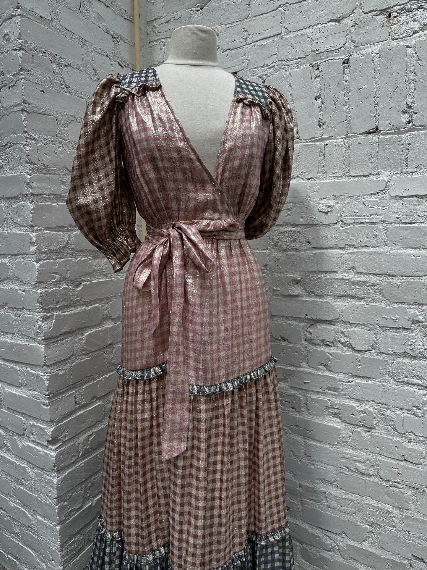 LoveShackFancy Metallic Pink, Brown & Blue Wrap Dress