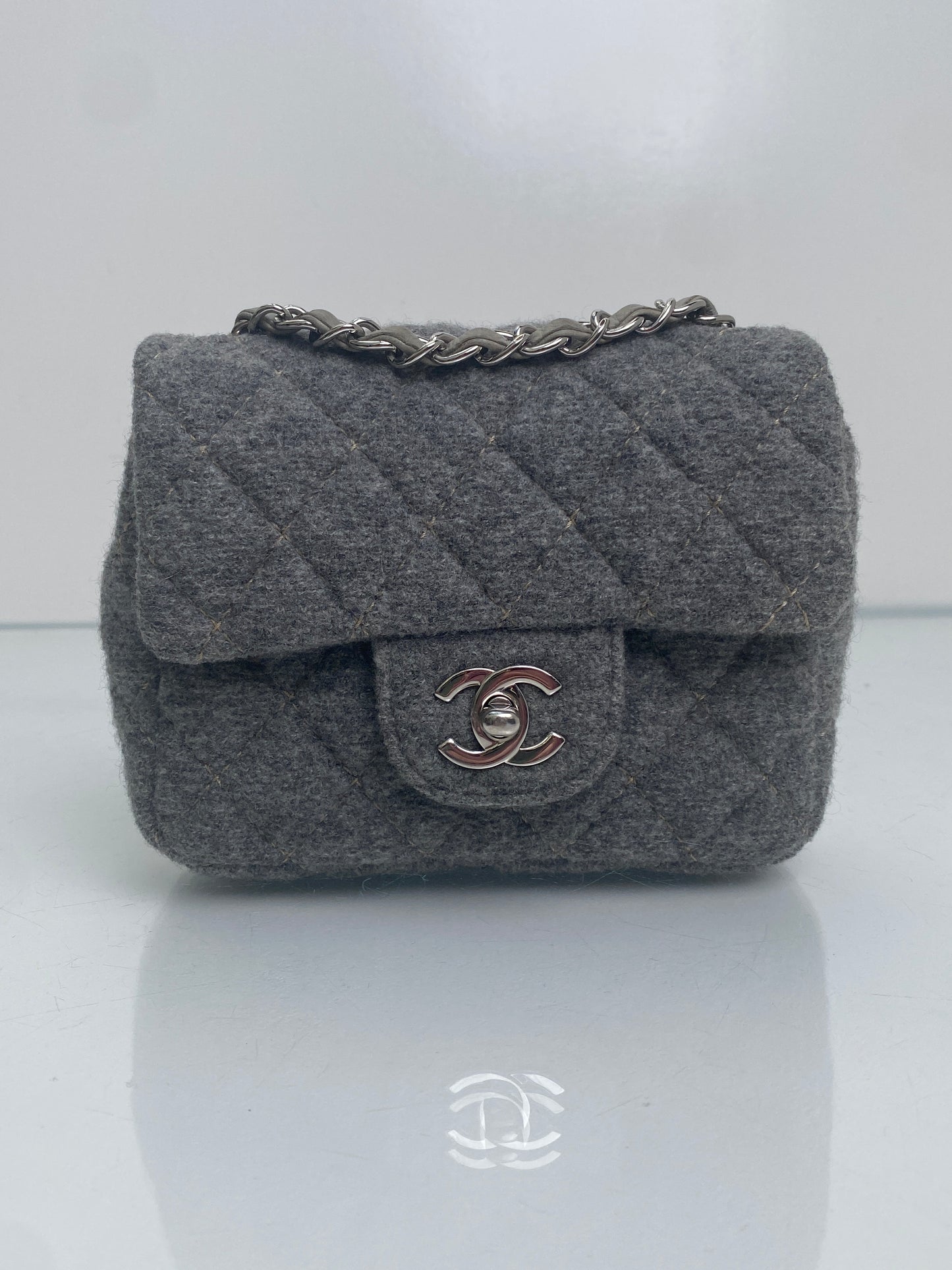 Chanel Vintage Grey Wool Classic Flap Square Bag SHW #10