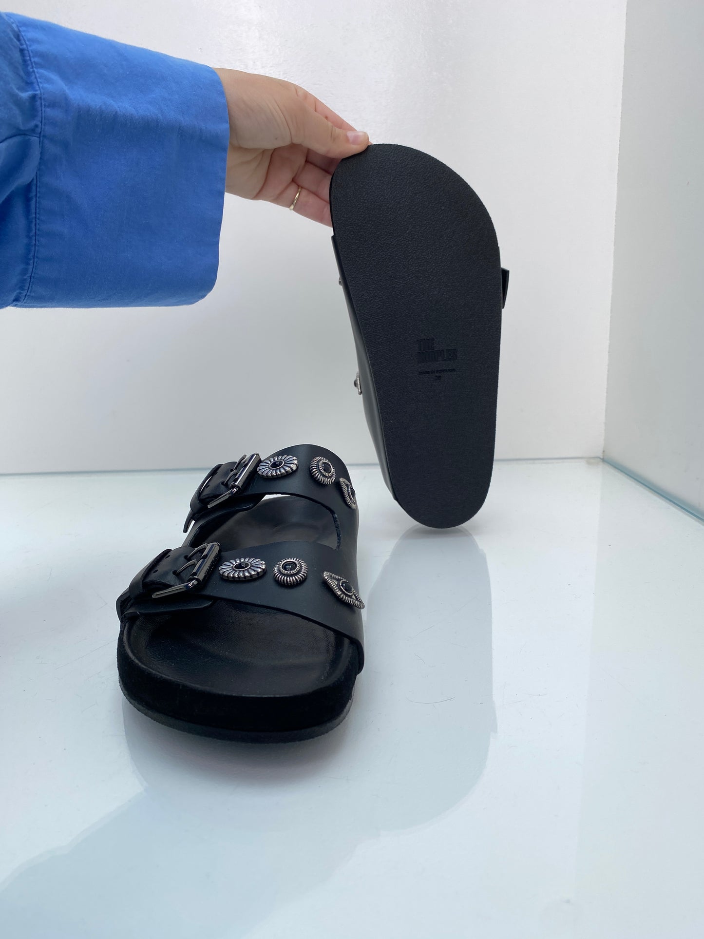 The Kooples Black Silver Studded Leather Sandals, 36