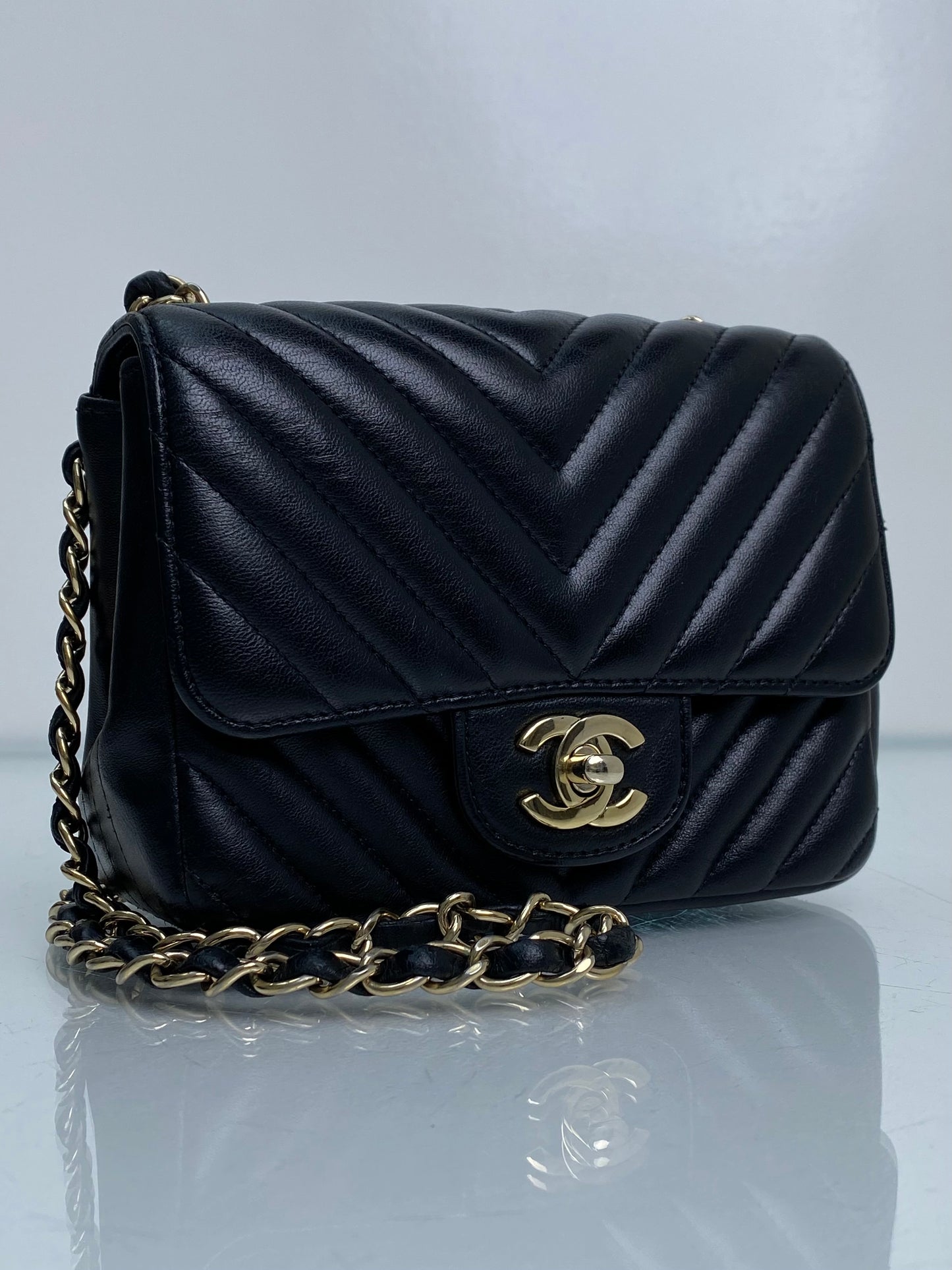 Chanel Black Chevron Lambskin Classic Mini Square Flap Bag GHW #23