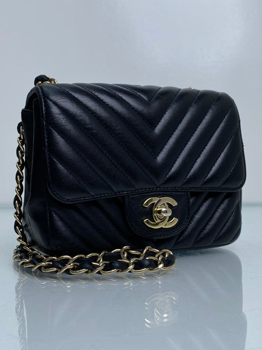 Chanel Black Chevron Lambskin Classic Mini Square Flap Bag GHW #23