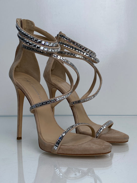 Giuseppe Zanotti By JLO Nude Suede & Rhinestone Heels, 39