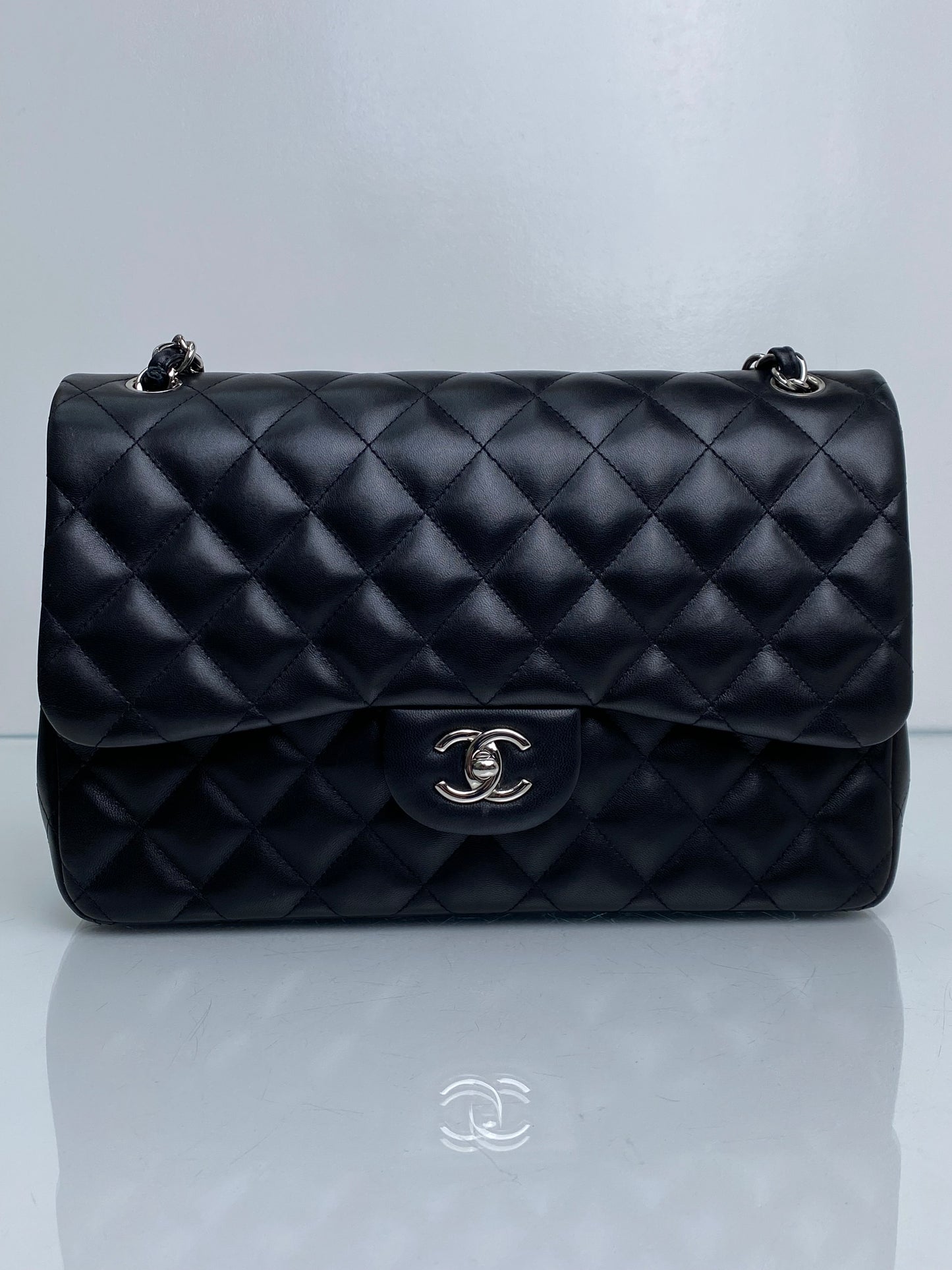 Chanel Black Quilted Lambskin Classic Double Flap Jumbo Bag SHW #19