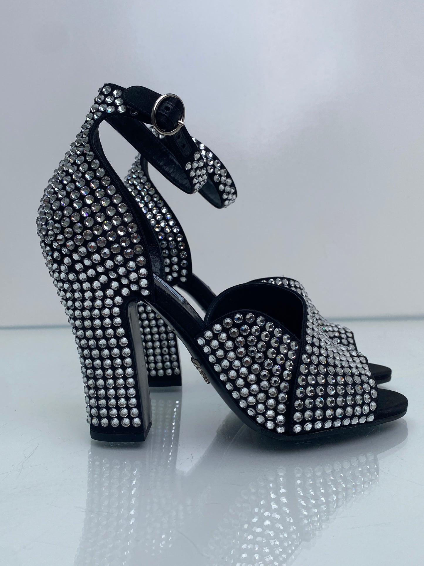 Prada Crystal/Black Ankle Wrap Heels, 37