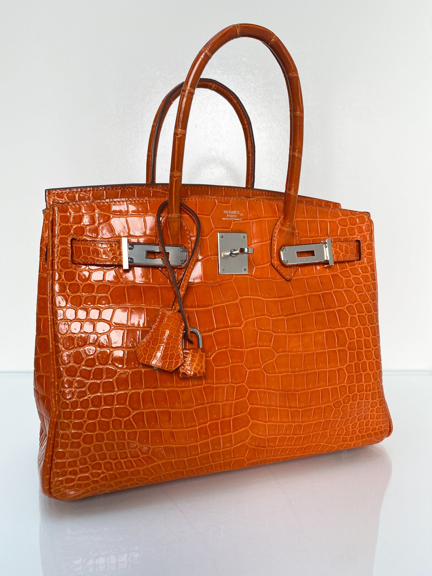 Hermes Birkin 30 Shiny Porosus Orange PHW #L