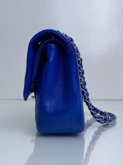 Chanel Blue Caviar Chevron Medium Classic Flap Bag SHW #22