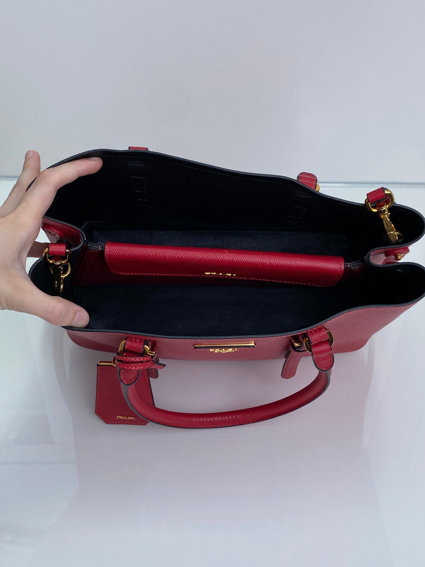 Prada Red Saffiano Cuir Double Tote Bag GHW