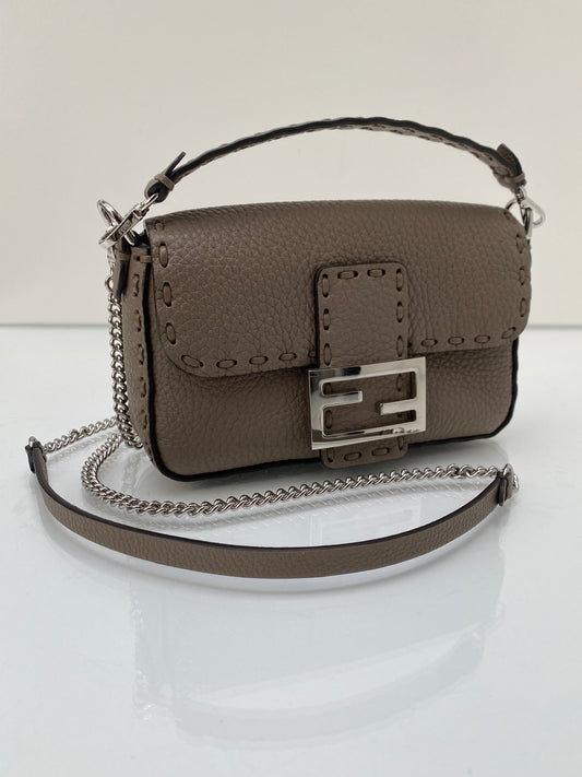 Fendi Dove Grey Selleria Baguette Mini Bag SHW