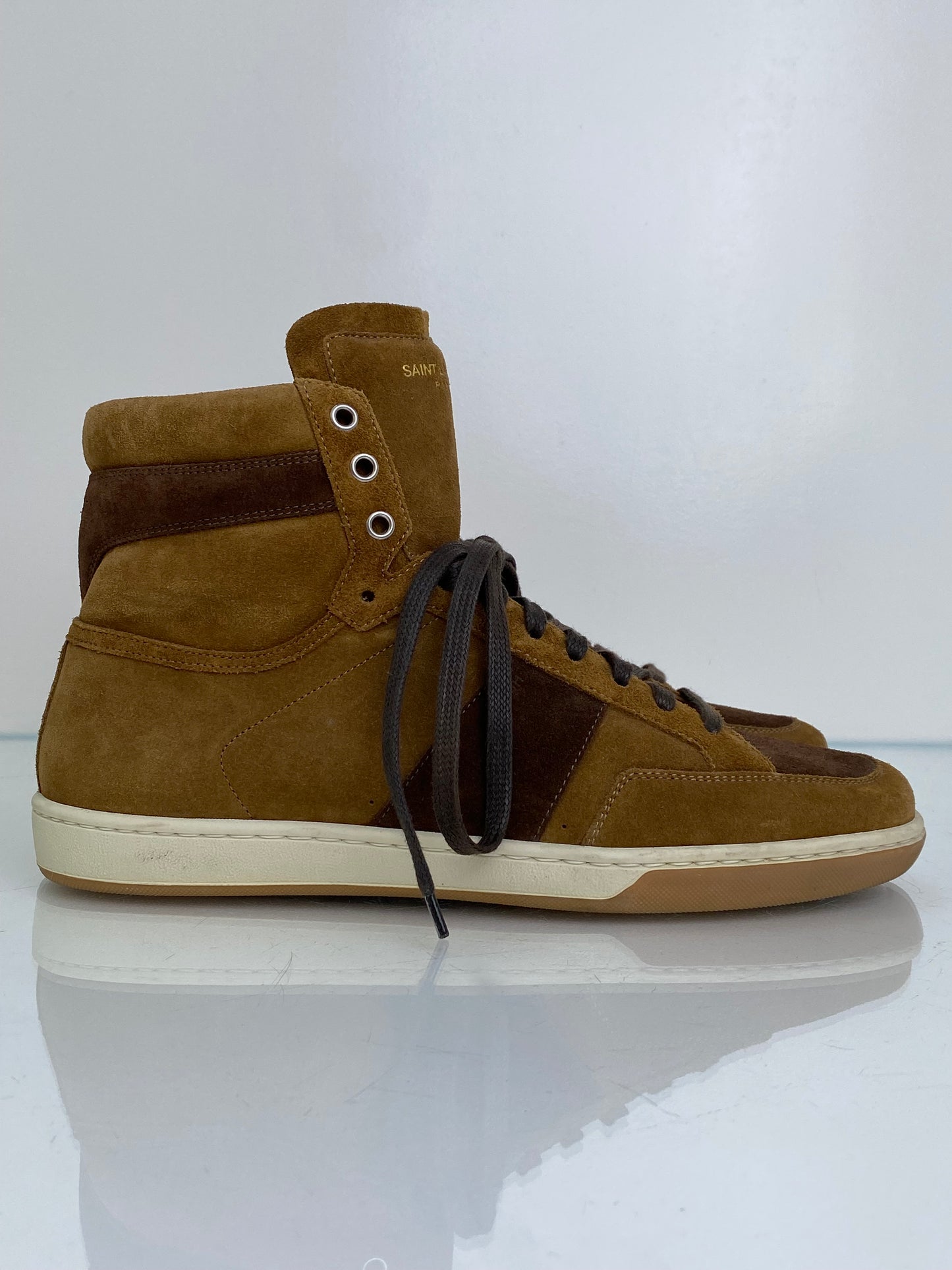 Saint Laurent Men’s Tan & Brown Suede High Top Sneakers, 43
