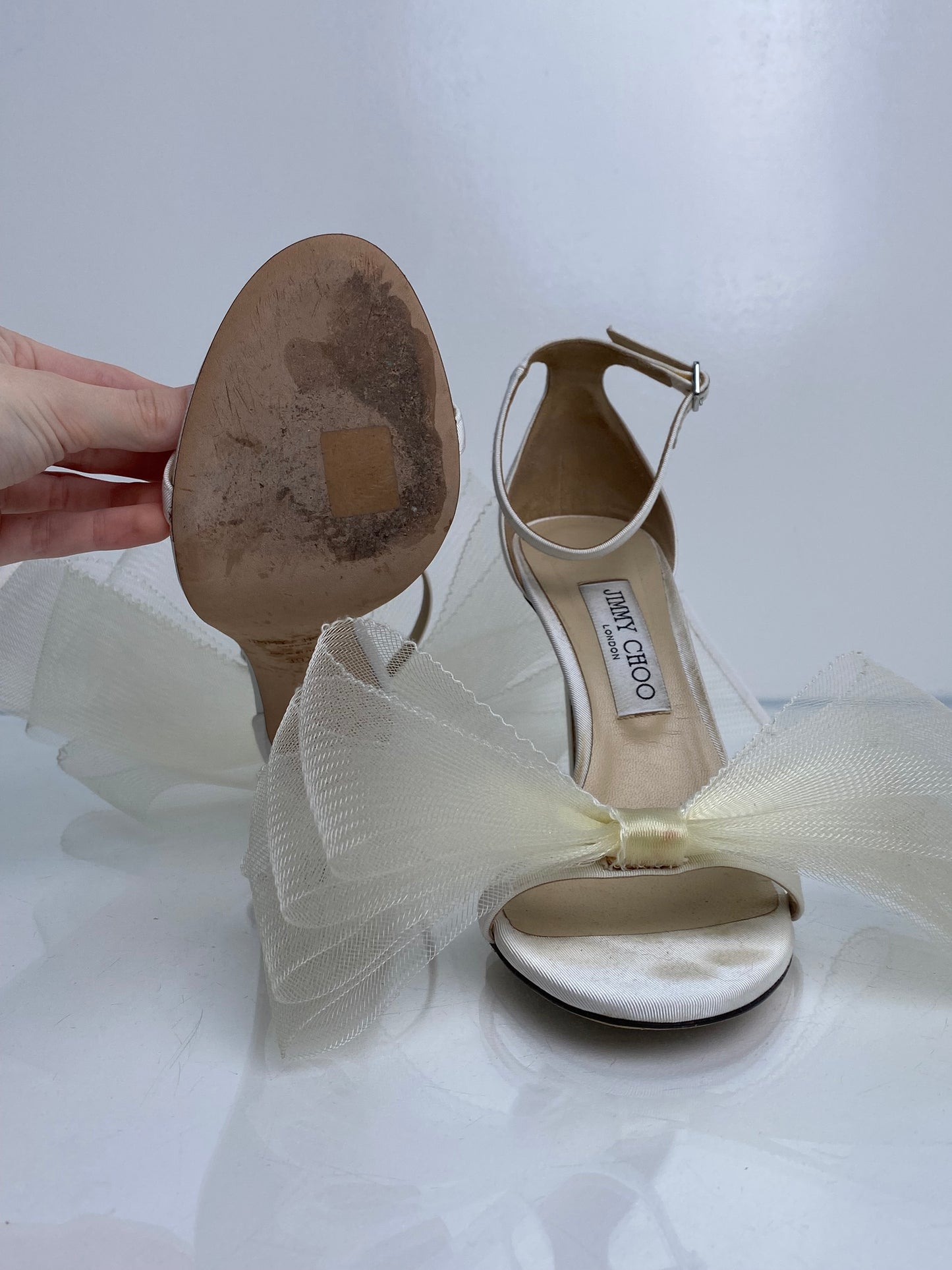 Jimmy Choo Cream Satin & Tulle Bow Heels, 39.5