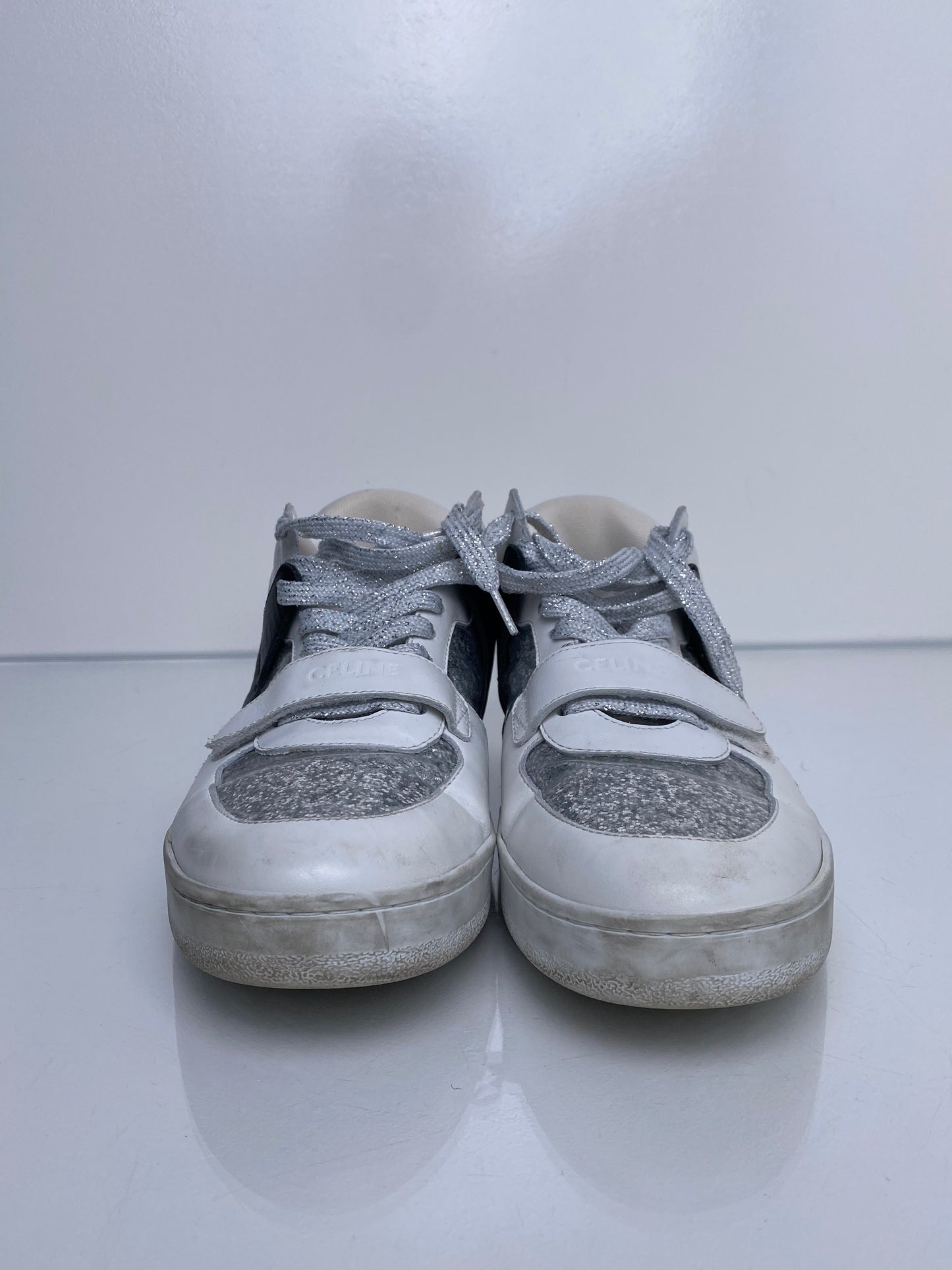 Celine White, Silver, & Black High Top Sneakers, 39