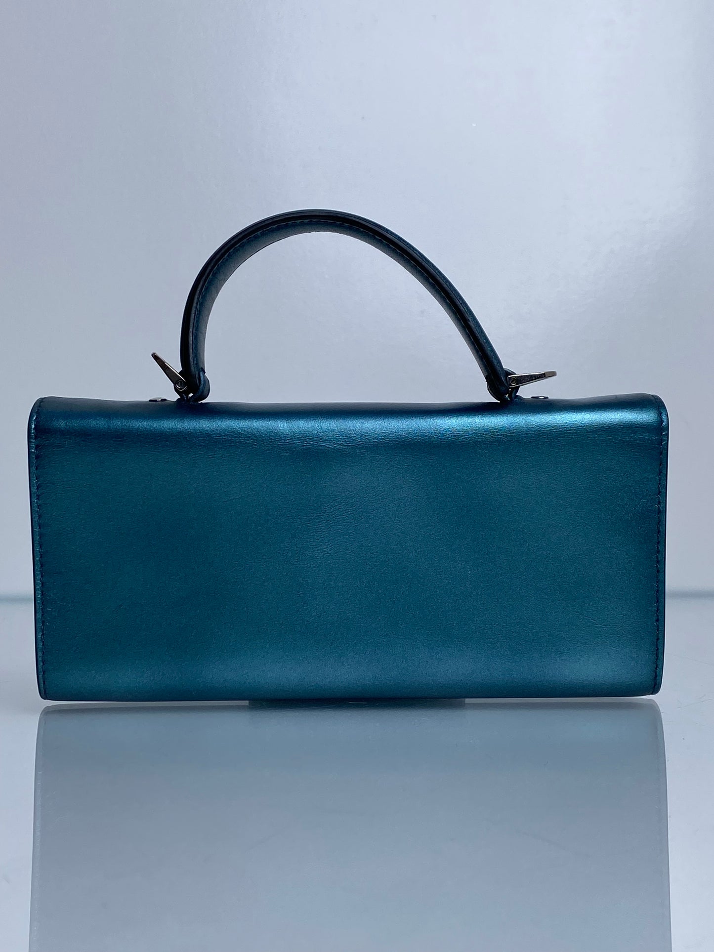 Ferragamo Metallic Teal Tophandle Wallet Crossbody Bag SHW