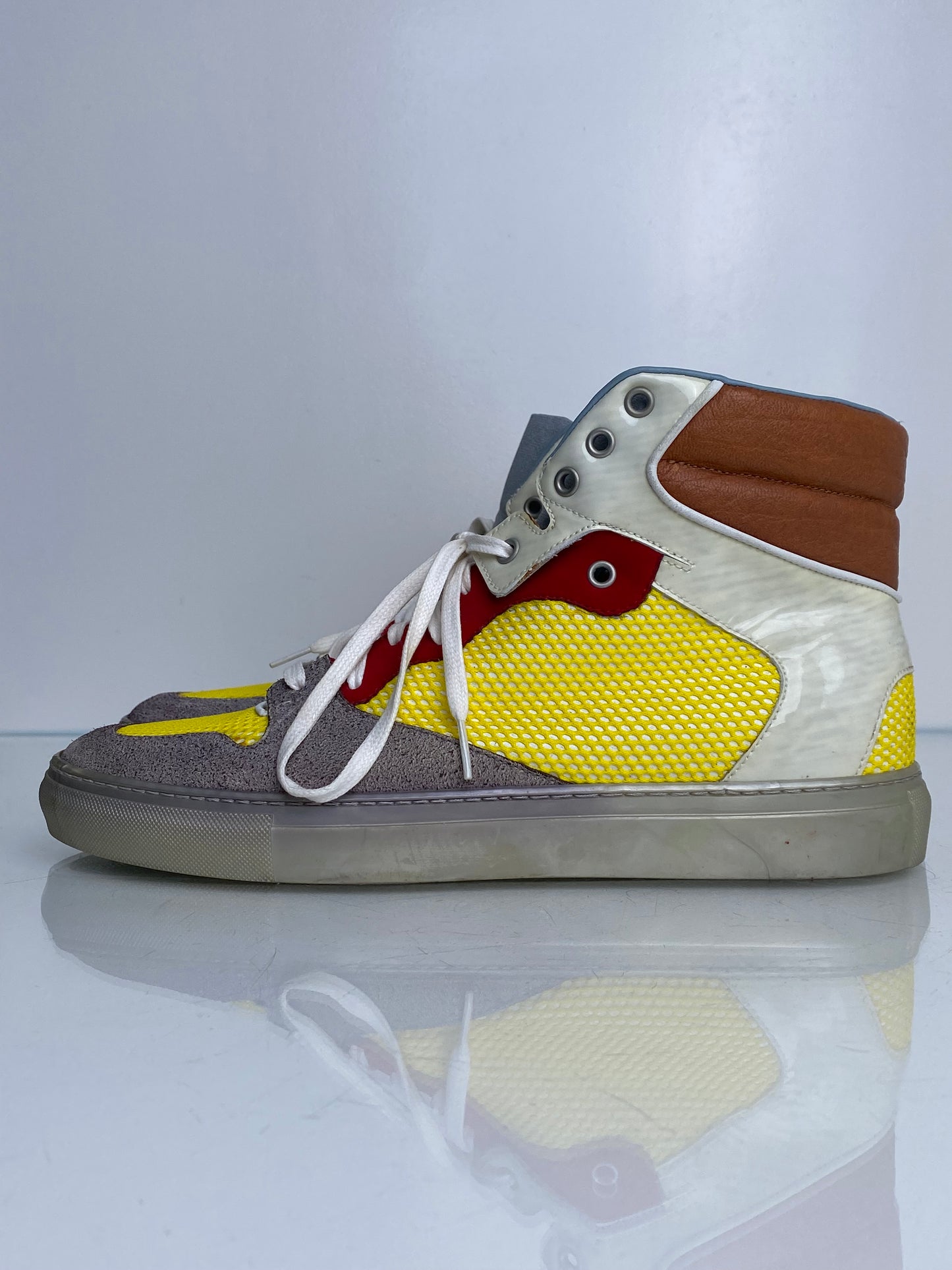 Balenciaga Men’s Yellow, Red, Brown, & White Color Block High Top Sneakers, 43