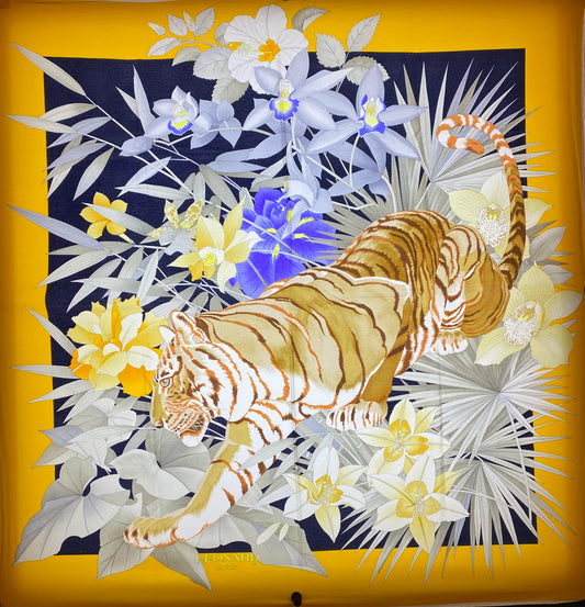 Leonard Vintage Yellow & Navy Tiger Silk Scarf