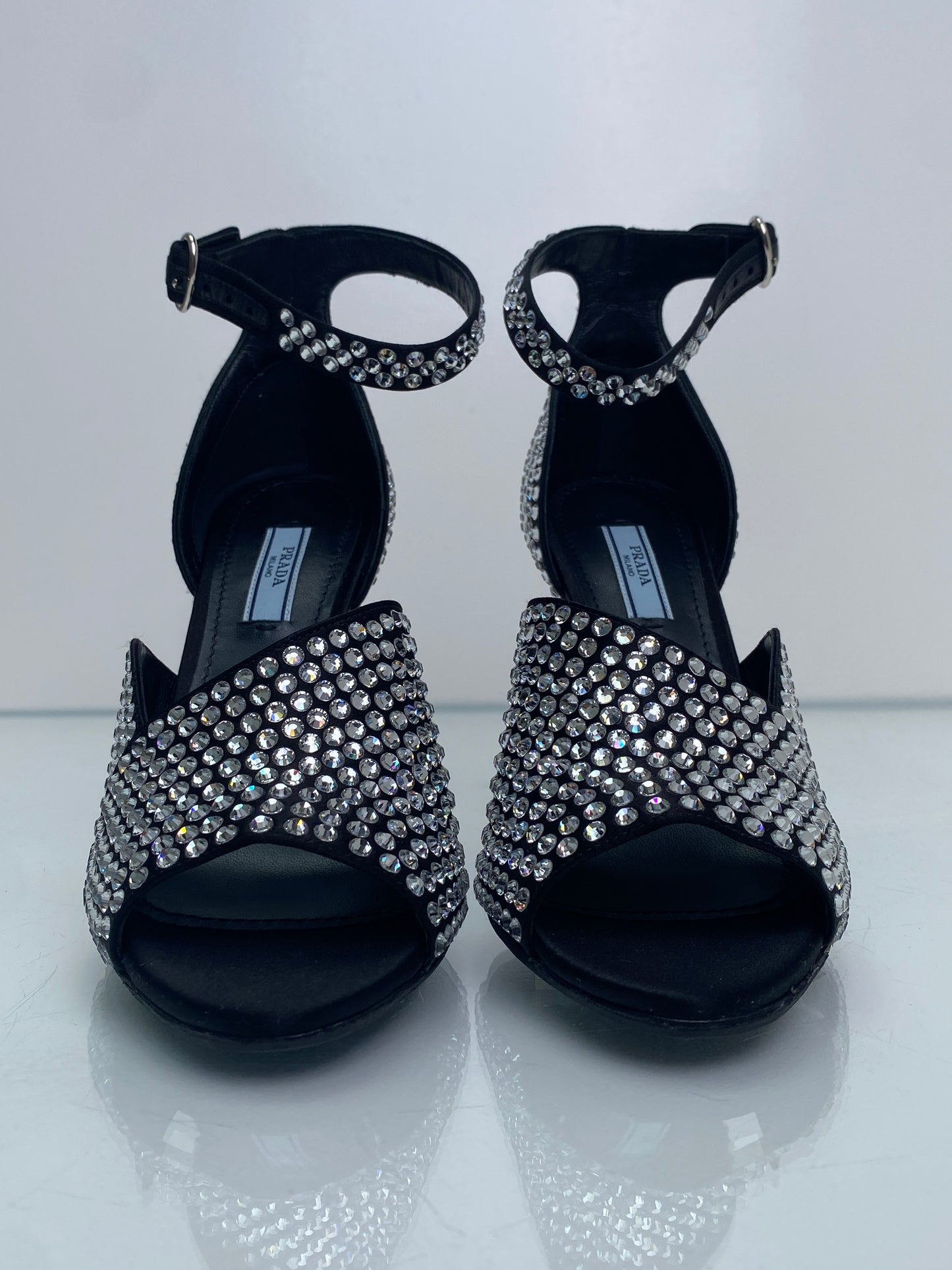 Prada Crystal/Black Ankle Wrap Heels, 37