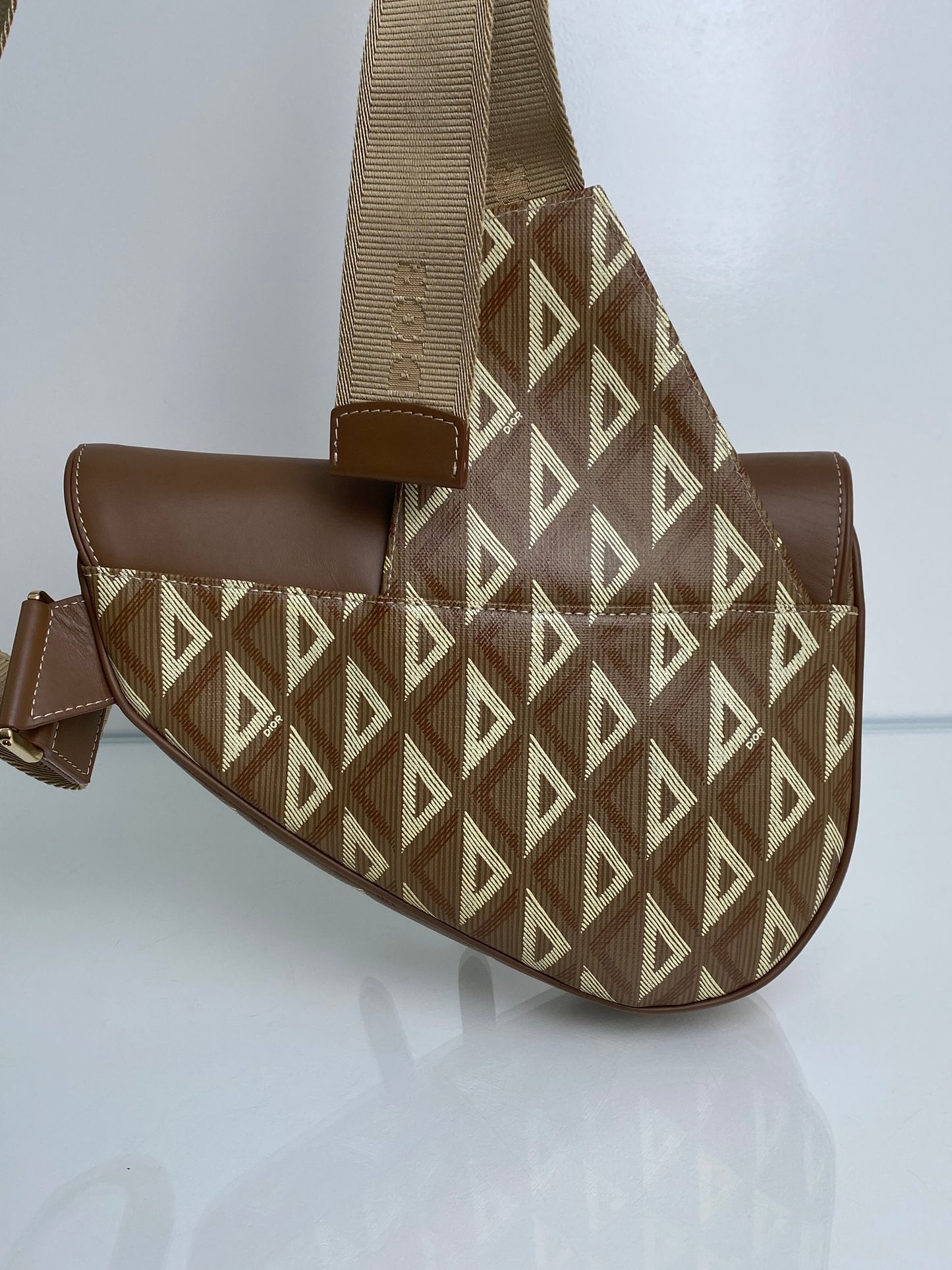 Christian Dior Diamond Logo Canvas Saddle Bag Taupe