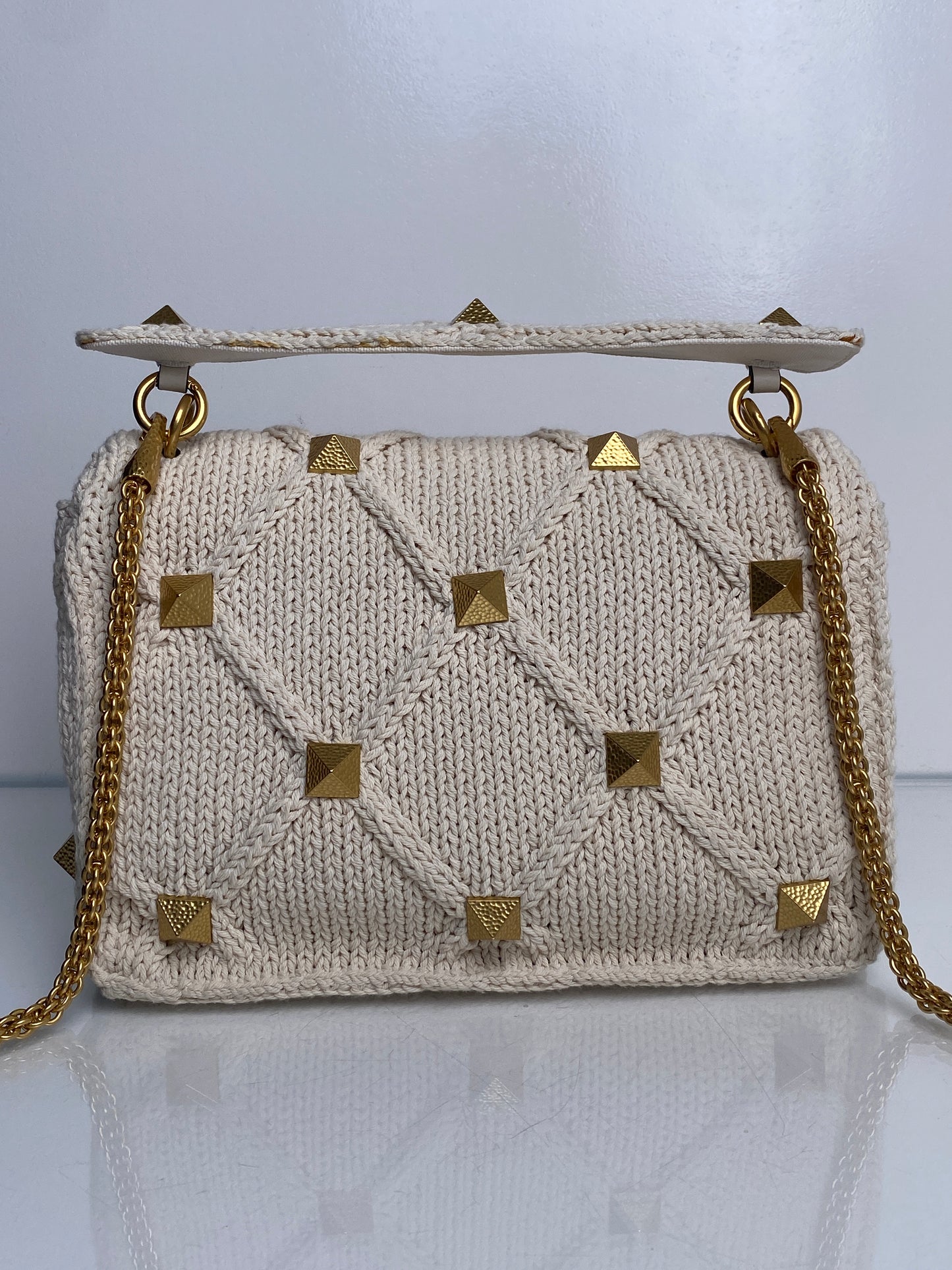 Valentino Cream Knit Roman Stud Medium Bag GHW