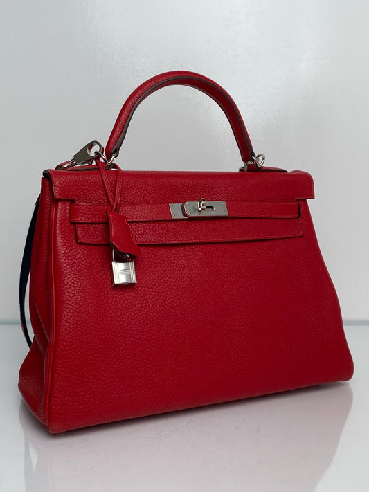 Hermes Kelly 32 Rouge Casaque Togo Retourne PHW w / Canvas Strap #P