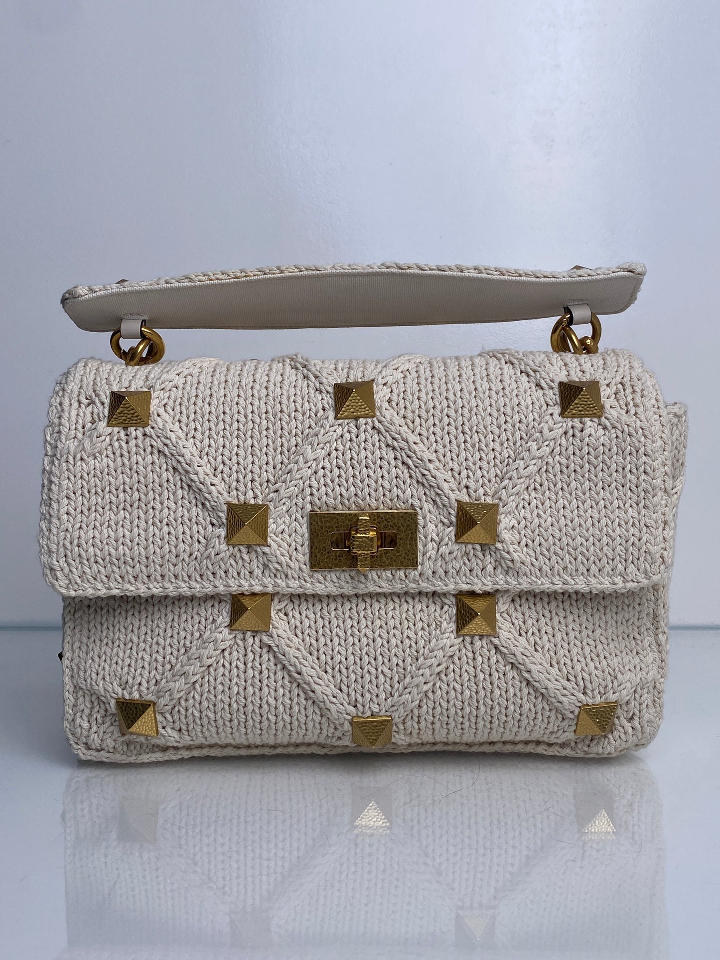 Valentino Cream Knit Roman Stud Medium Bag GHW