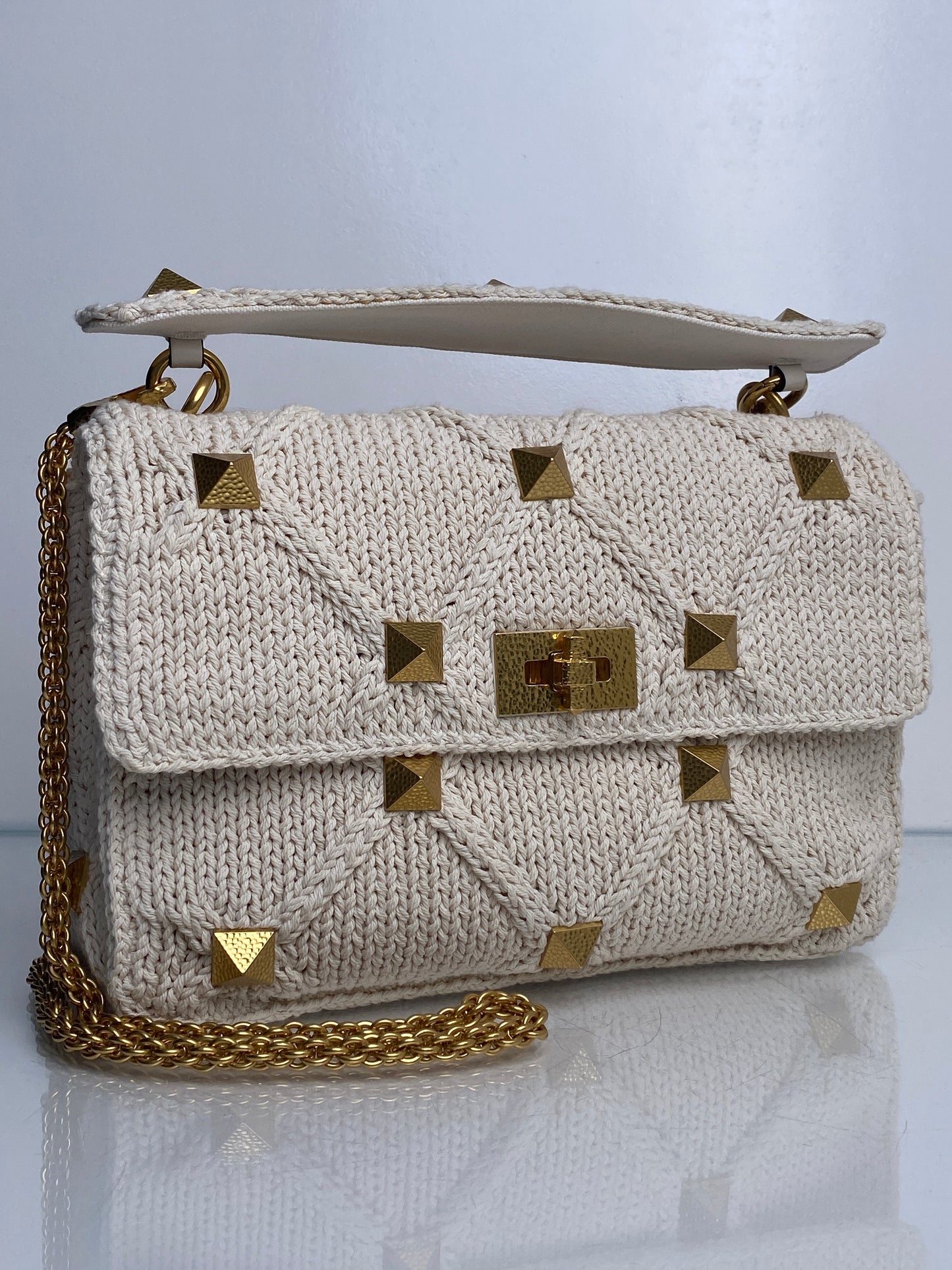 Valentino Cream Knit Roman Stud Medium Bag GHW