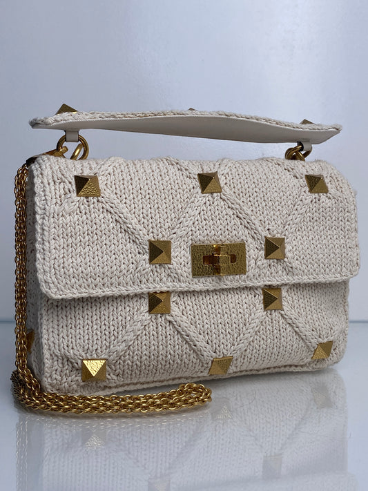 Valentino Cream Knit Roman Stud Medium Bag GHW