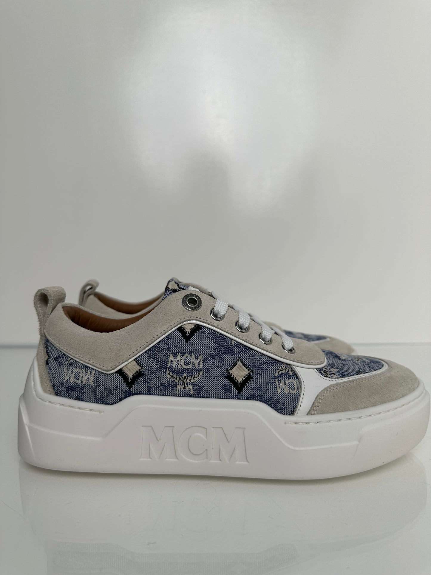 MCM Blue & Cream Denim Monogram Sneaker, 36