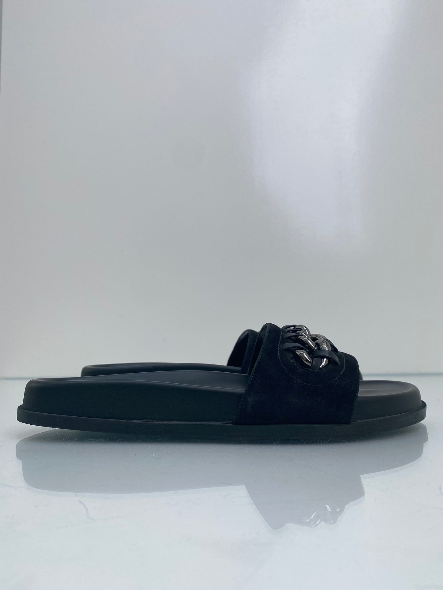 Valentino Black Chain Link Suede Slides, 40