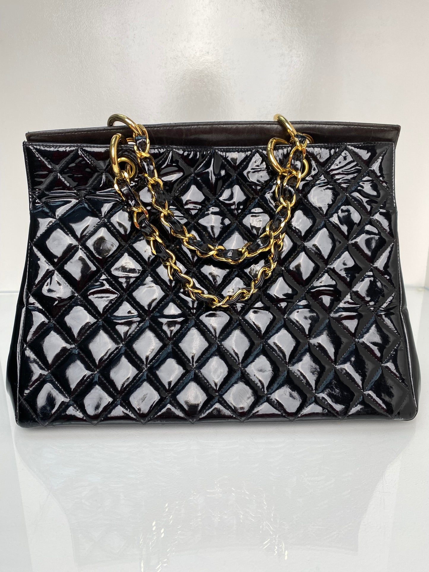 Chanel Vintage Black Patent Quilted Tote Bag GHW