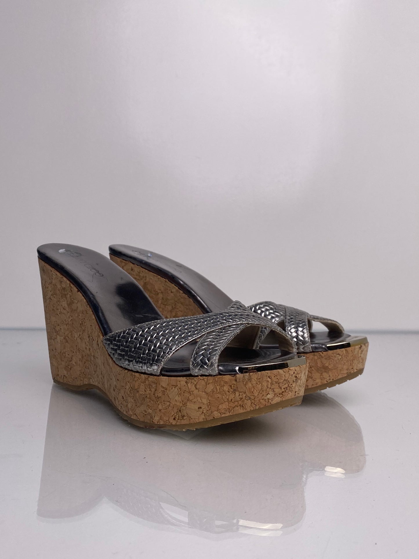 Jimmy Choo Silver Cork Wedges, 42