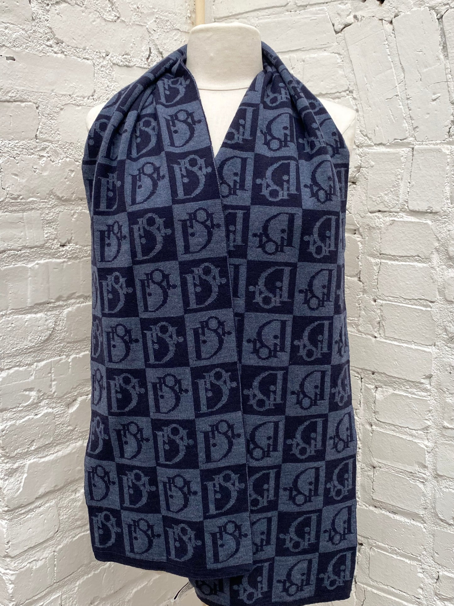 Dior Navy & Blue Logo Checkered Wool Scarf