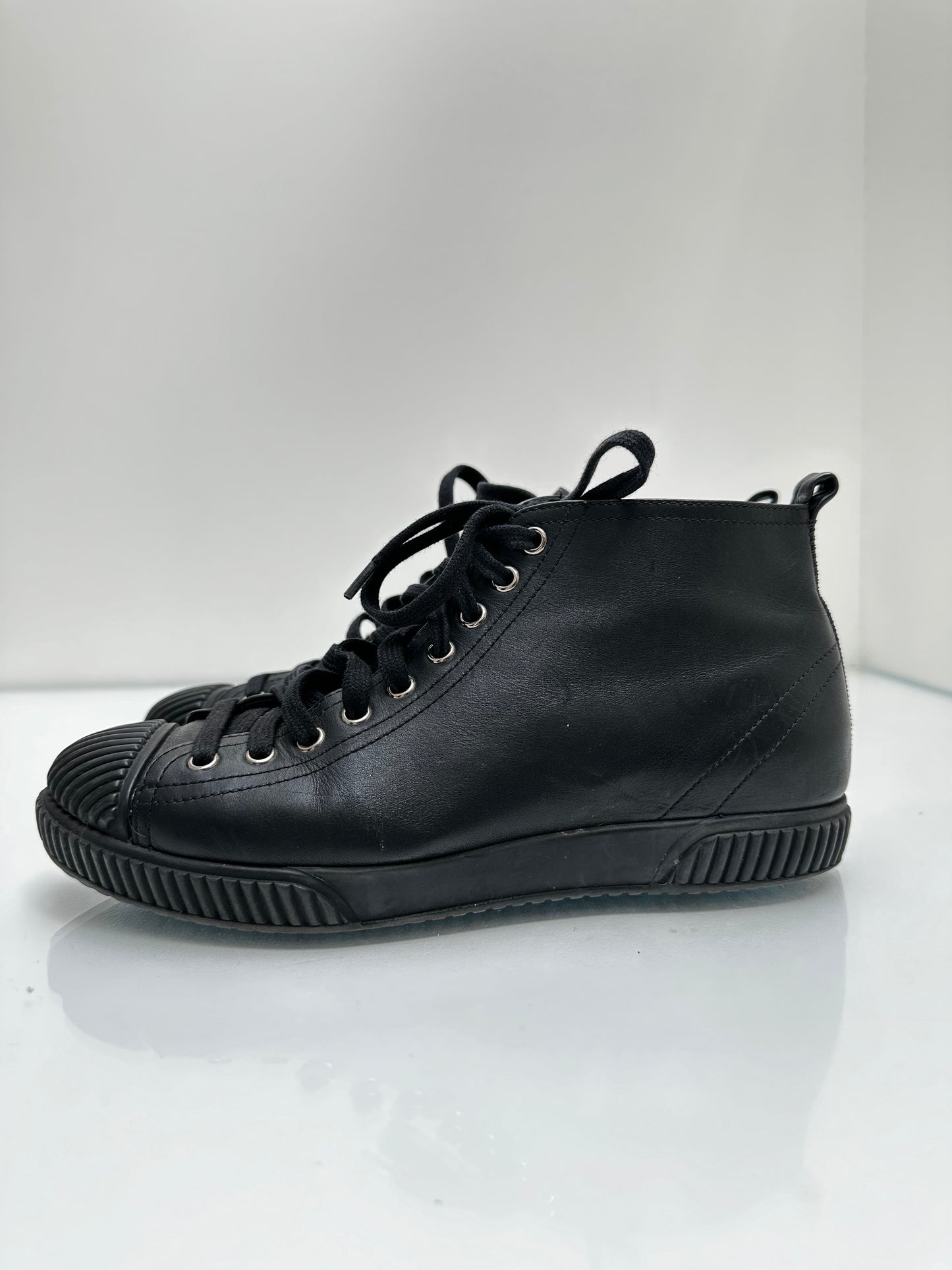 Prada Black Leather High Top Sneakers, 38
