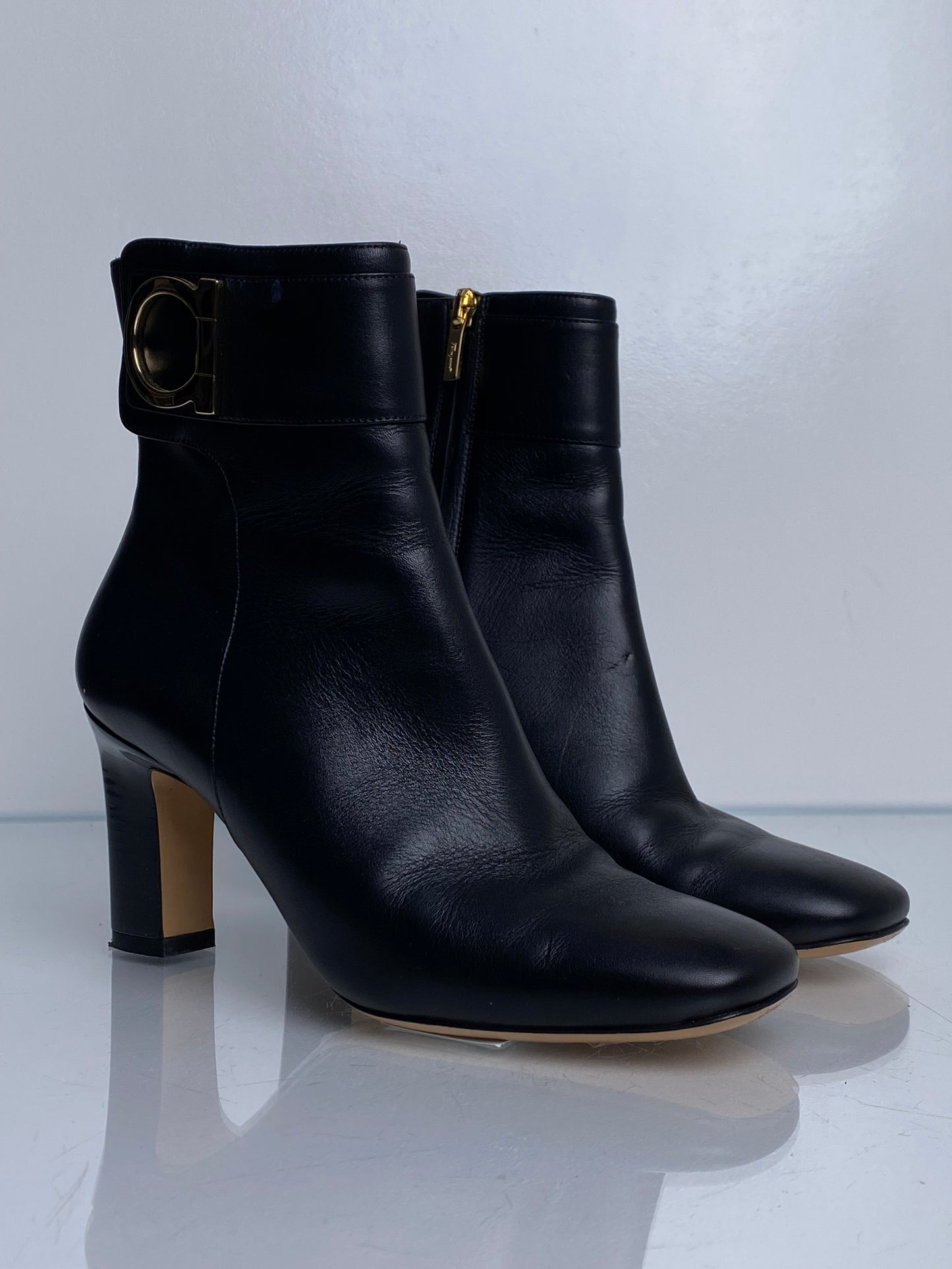 Ferragamo Black & Gold Logo Booties, 6