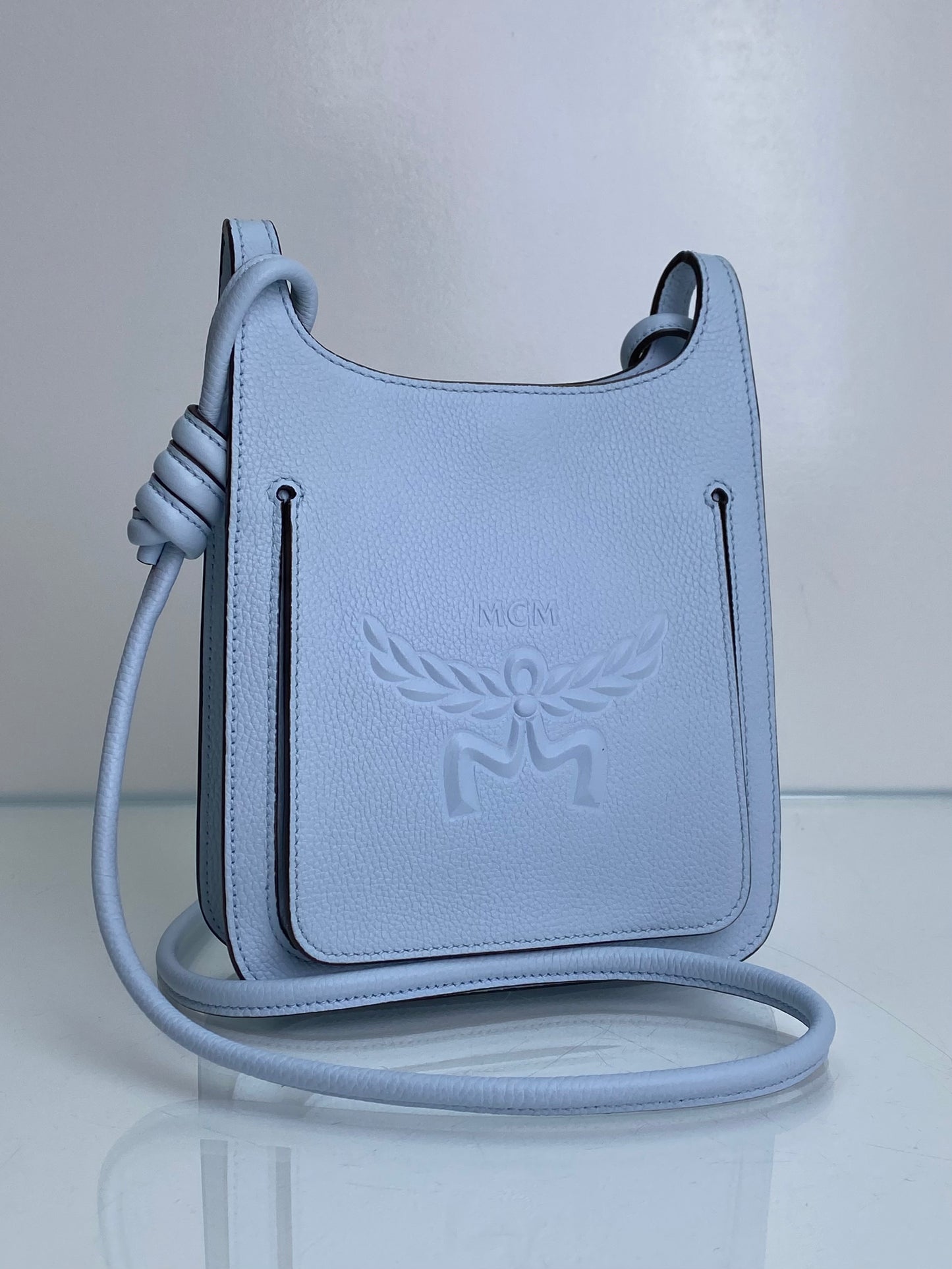 MCM Light Blue Logo Embossed Crossbody Bag