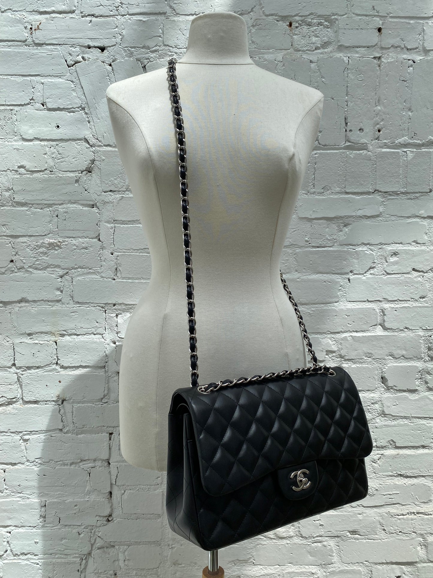 Chanel Black Classic Jumbo Lambskin Double Flap Bag SHW #19