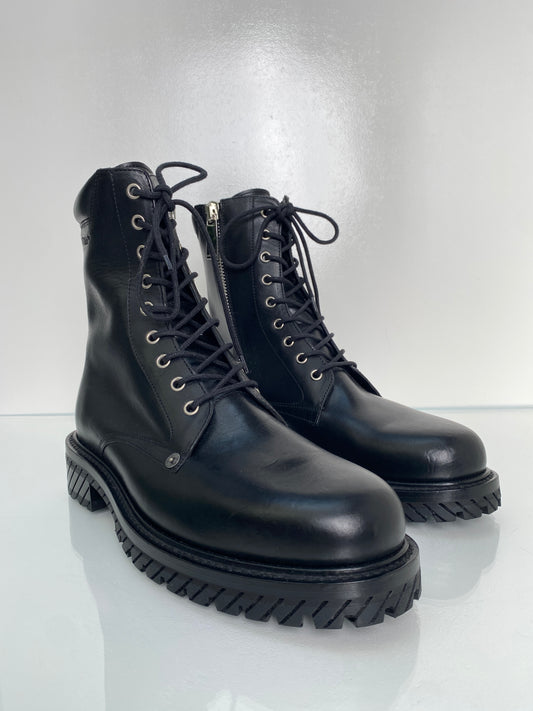 Off White Black Lace Up Combat Boots, 42