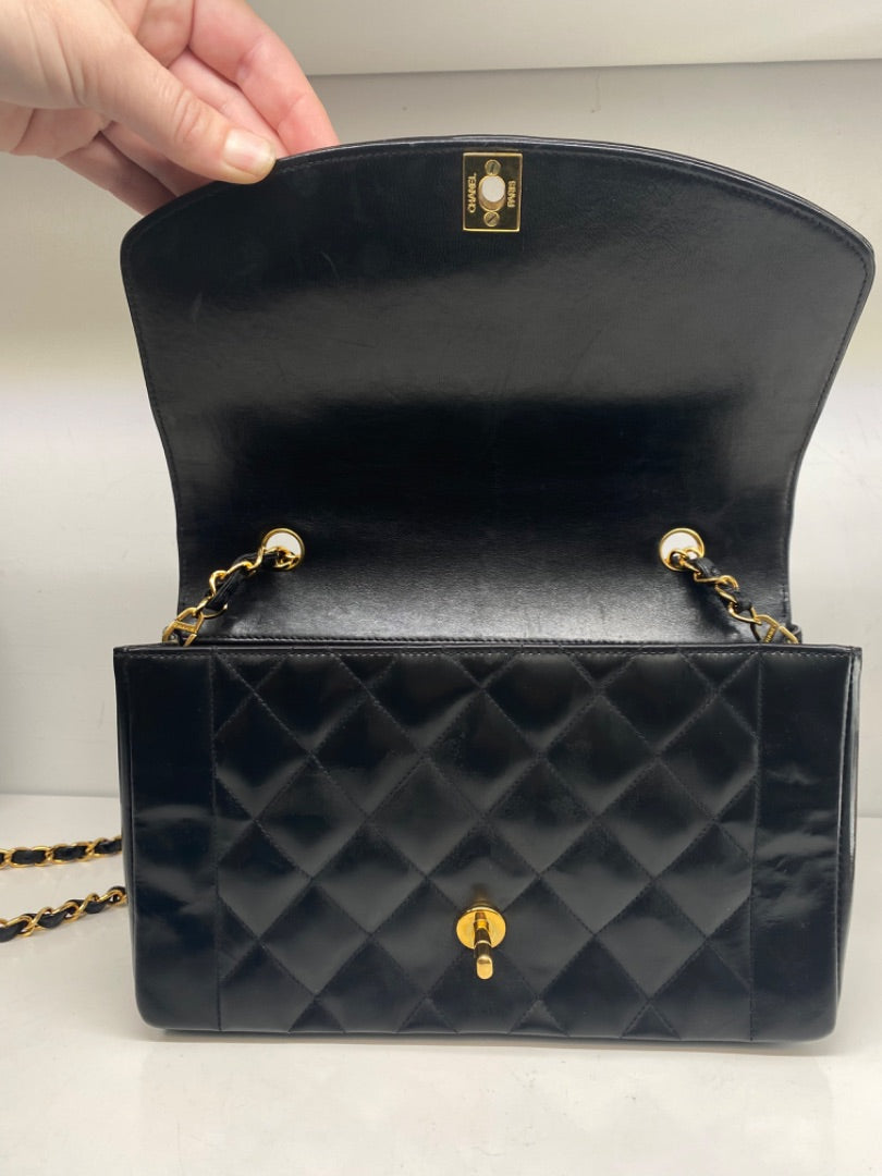 Chanel Classic Vintage Diana, Black Patent, GHW w/ card