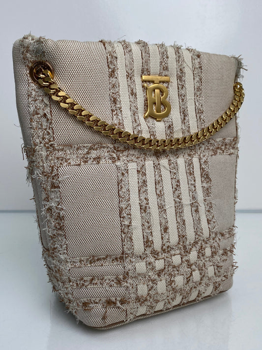 Burberry Tan & Beige Lola Needle Punch Check Canvas Small Bucket Bag GHW